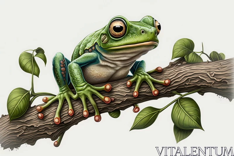 Green Frog on a Branch: A Detailed Digital Mural AI Image