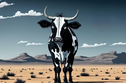 Monochrome Vector Cow in Desert with Realistic Blue Skies