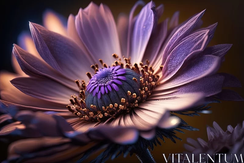 Purple Daisy in Surrealistic Detail against Dark Background AI Image