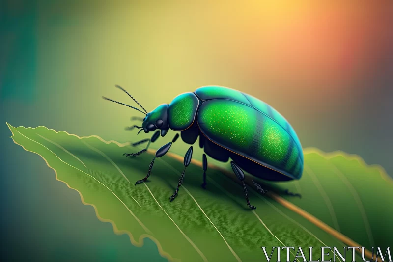 Green Beetle on Leaf - Detailed Realistic Illustration AI Image