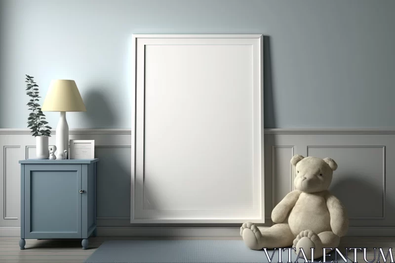 Minimalistic Bedroom with Teddy Bear and Empty Frame AI Image