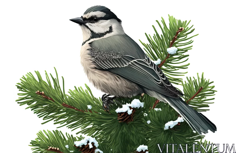 Detailed Illustration of a Grey Bird on a Pine Tree in Winter AI Image