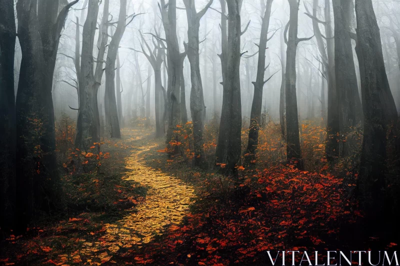 Eerie Forest Path: A Whimsical Autumn Scene AI Image