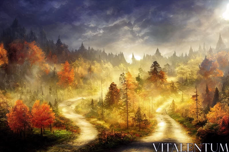 Fantasy-Inspired Autumn Road through Forest Landscape AI Image