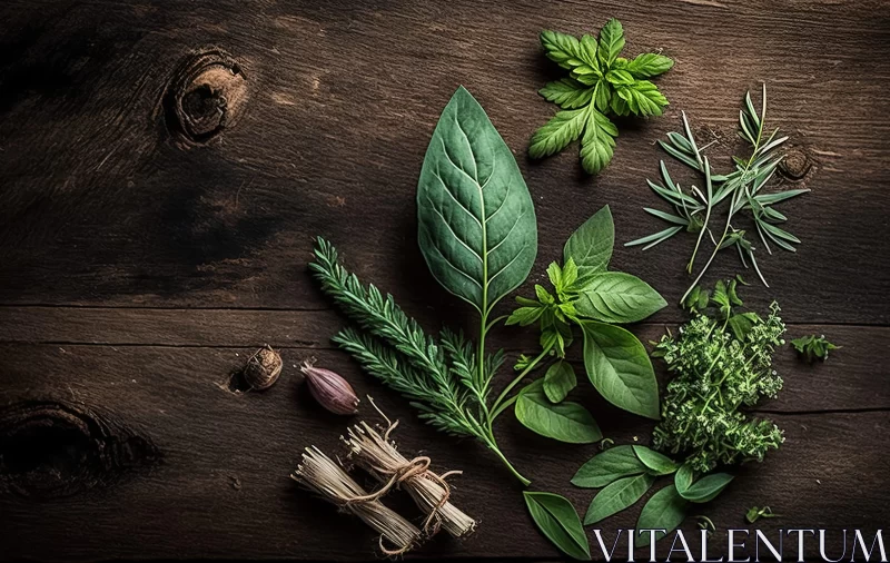 Fresh Herbs on Wooden Table - A Renaissance-Inspired Composition AI Image