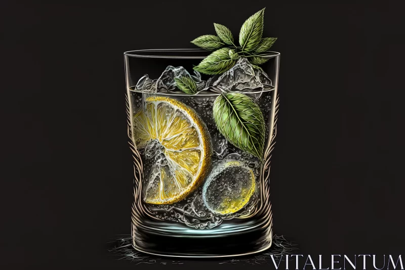 AI ART Hand-Drawn Olive & Mint Cocktail Illustration in Silver and Yellow