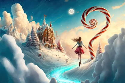 Surreal Winter Landscape with Girl and Candy Cane AI Image