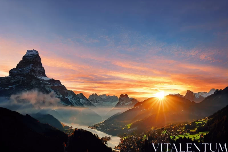 Swiss Mountain Sunrise: A Blend of Metropolis and Nature AI Image