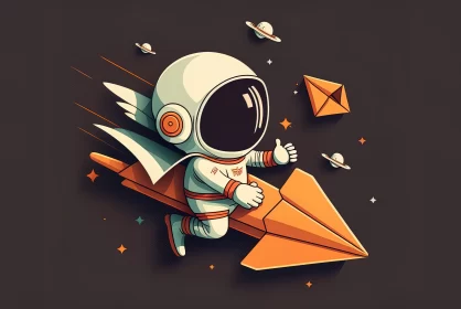 Astronaut Among Spaceships: A Playful Caricature Illustration AI Image