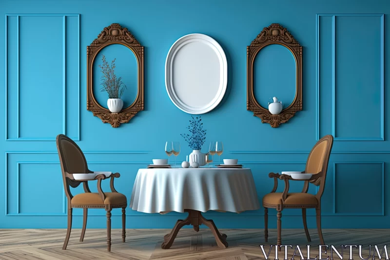 AI ART Blue Dining Room with Rococo Influences and Photorealistic Rendering