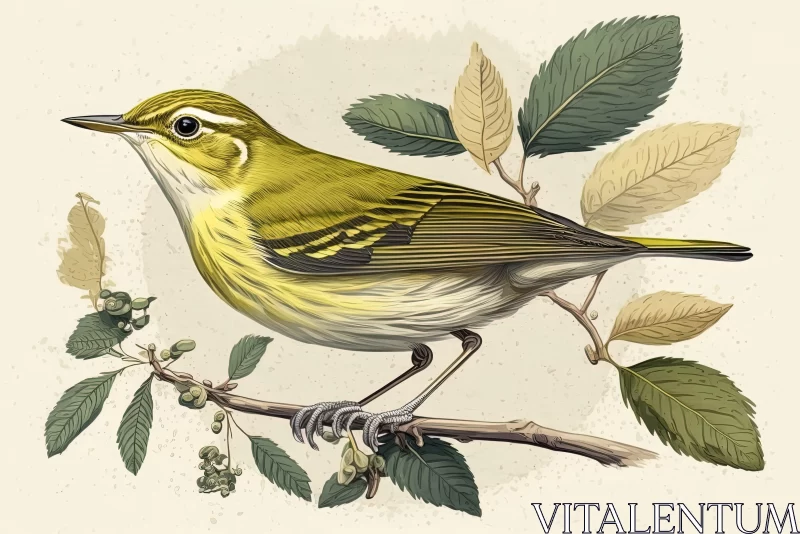 AI ART Historical Scientific Illustration of a Yellow Bird amid Foliage