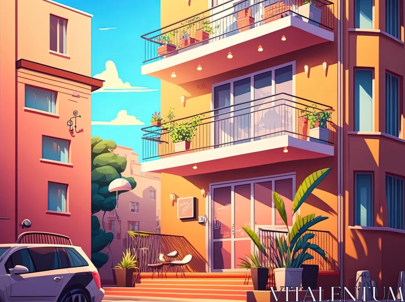 Charming Cartoon Cityscape with Detailed Foliage and Warm Tones AI Image
