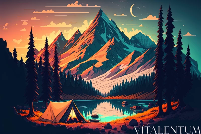 Charming Mountain and Lake Scene with Tent Illustration AI Image