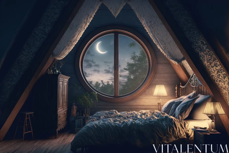 Fantasy-Inspired Attic Bedroom with Round Window AI Image