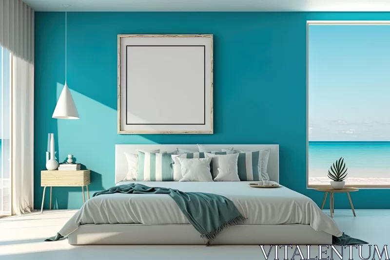 Luxurious Seaside Bedroom - 3D Render in Turquoise and White AI Image