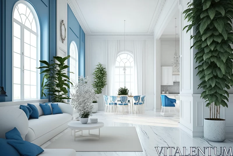 Luxurious White and Blue Living Room with Classical Architecture AI Image