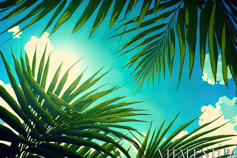 Palm Leaves against Blue Sky - Junglepunk Retro Visual Art AI Image