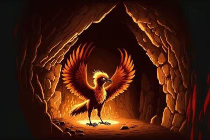 Phoenix Bird Rising from Flames at Cave Entrance AI Image