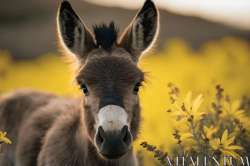 Portrait of a Donkey Amidst Yellow Flowers AI Image