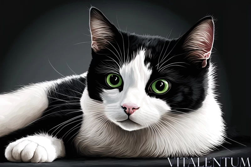 Realistic Black and White Cat with Green Eyes Oil Painting AI Image