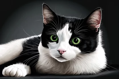 Realistic Black and White Cat with Green Eyes Oil Painting