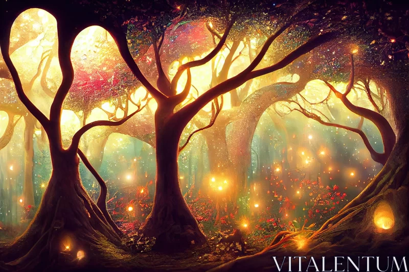 Whimsical Fairy Tale Forest with Fiery Glow AI Image