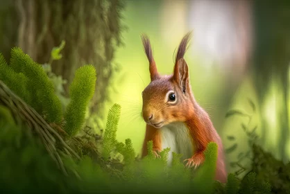 Expressive Red Squirrel in Forest - Close-up Digital Art AI Image