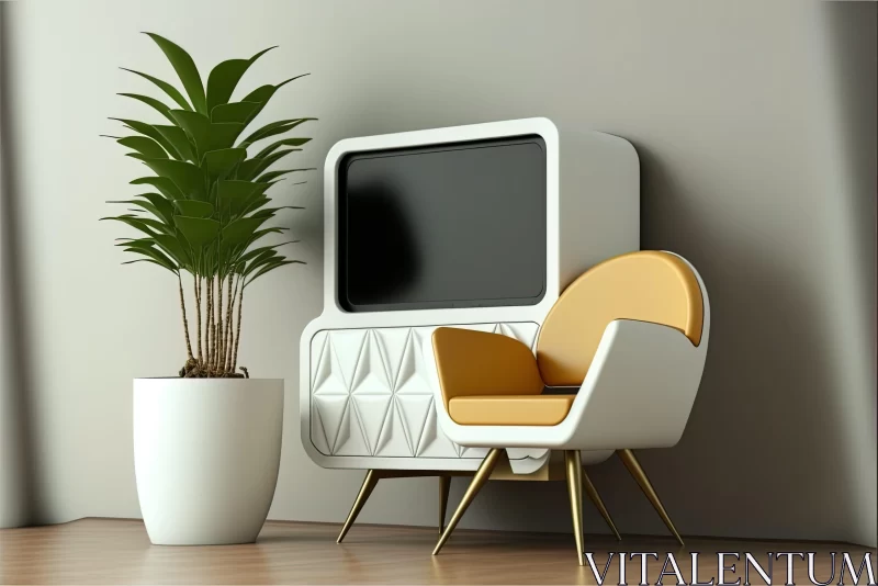 Futuristic Retro Styled TV Room with Yellow Sofa and Plant AI Image