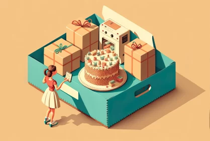 Retro Style Isometric Illustration: Woman with Cake