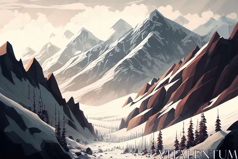 Snowy Mountain Range Digital Illustration in Earth Tones AI Image
