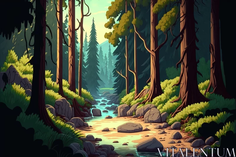 Serene Cartoon River in the Forest at Evening AI Image
