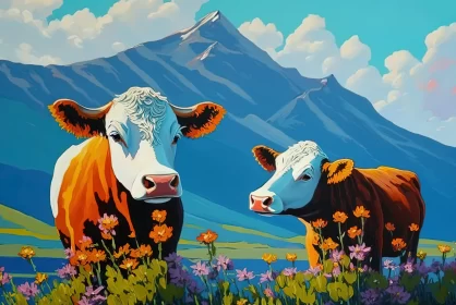 Vibrant Acrylic Painting of Cows in Mountain Landscape