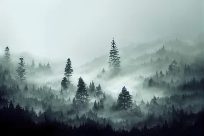 Foggy Forest Digital Painting: Atmospheric Horizons and Mountainous Vistas
