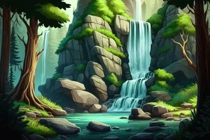 Nature-Inspired Cartoon-Style Forest Waterfall Illustration