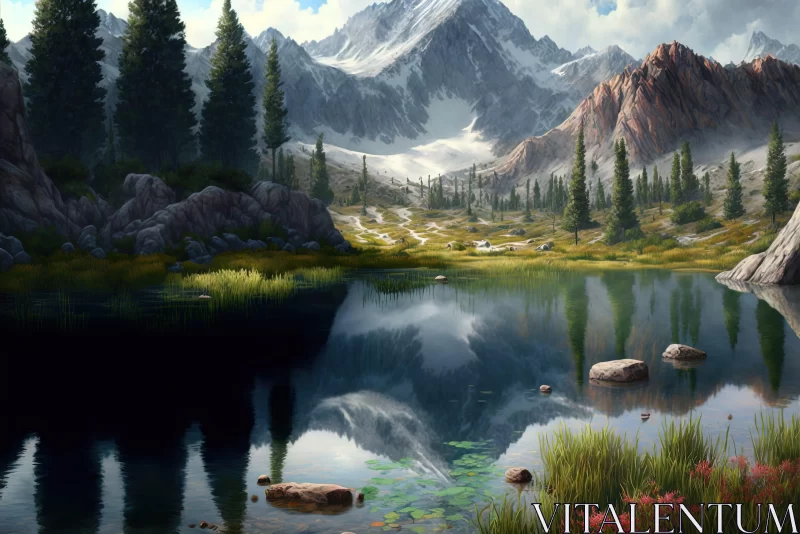 Nature's Wonder: Mountain Lake Reflection Artwork AI Image