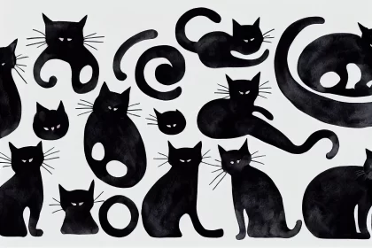 Collection of Black Cats - A Whimsical Watercolor Illustration