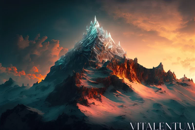 AI ART Enchanting Snowy Mountain Scene at Sunset: A Display of Fantasy and Multilayered Realism