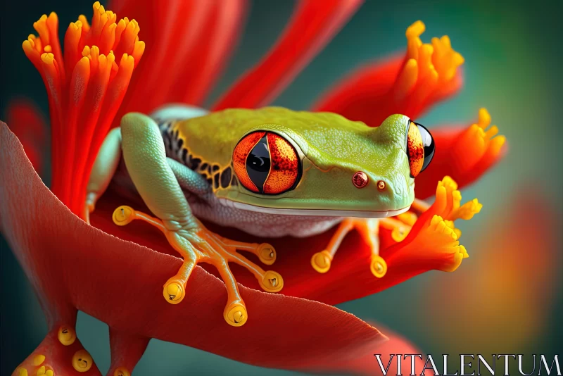 Exotic Tree Frog Illustration Amidst Vibrant Flora AI Image