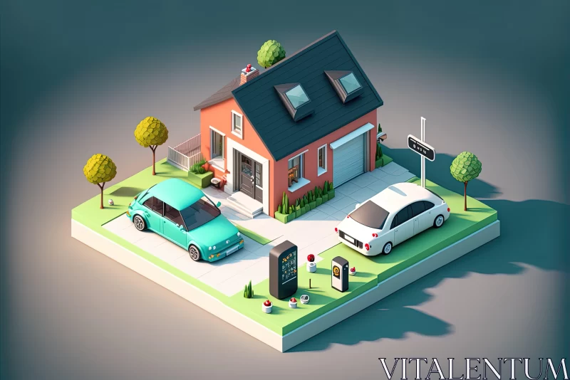 Isometric House with Car: A Quirky, Energy-Charged Scene AI Image
