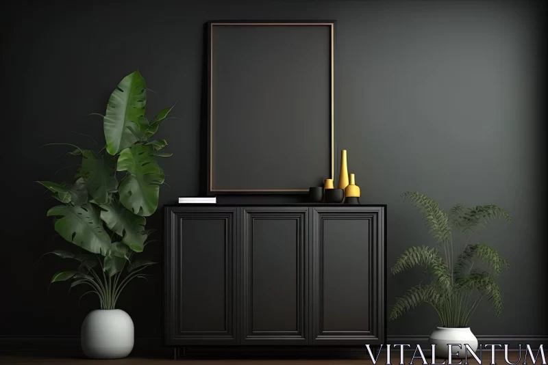 Modern Wooden Cabinet Against Black Wall - Exotic and Traditional Interior Design AI Image