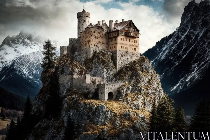 Photorealistic Surrealism: Medieval Castle Atop a Mountain AI Image