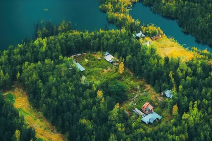 Aerial View of House in Forest Near Lake - Nature Wonders
