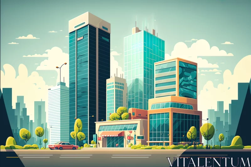 Cityscape Illustration in Cartoon Style - Metropolis Meets Nature AI Image