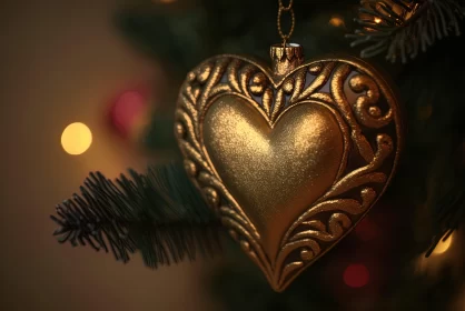 Golden Heart-Shaped Ornament on Christmas Tree - Vintage Charm AI Image