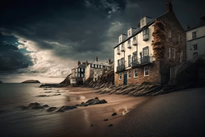 Stormy Sky Over Haunting Coastal Townscape AI Image