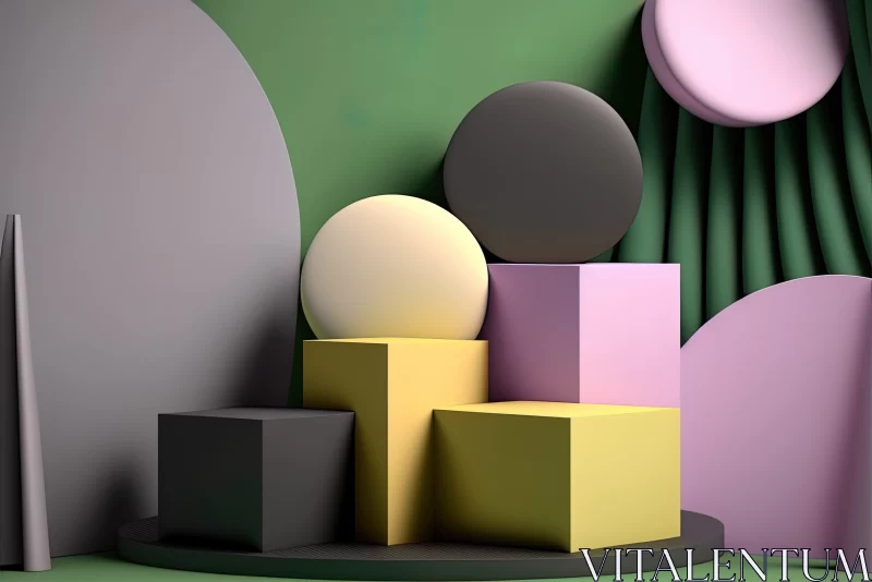 Abstract Art - 3D Geometric Shapes in Green, Dark Yellow and Light Magenta AI Image