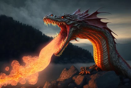 Ancient Dragon Breathes Fire: A Hauntingly Beautiful Illustration AI Image