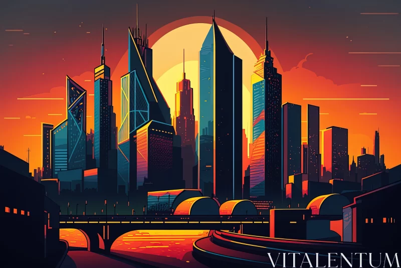 City At Sunset: A Retro Futuristic Illustration AI Image