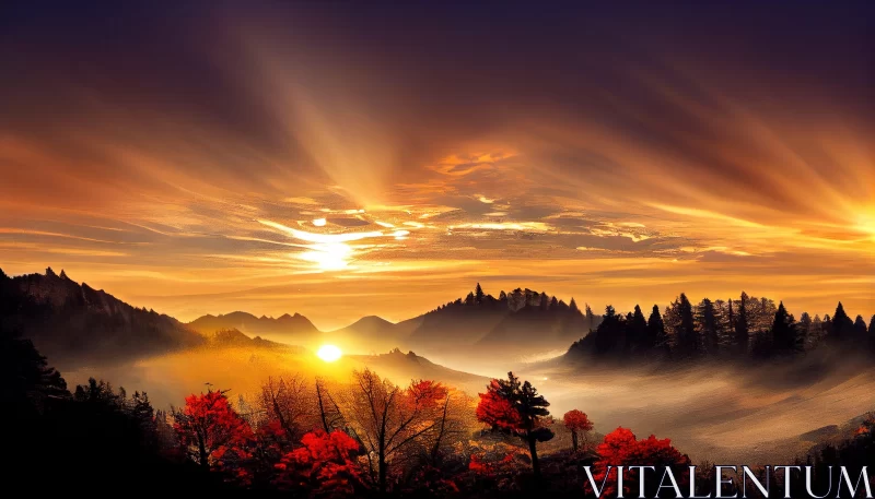 Ethereal Mountainscape at Sunset in Traditional Chinese Style AI Image