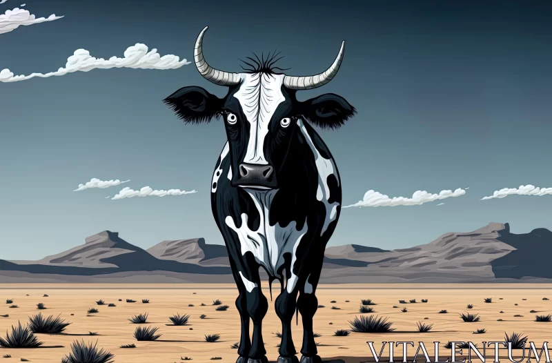 Monochrome Vector Cow in Desert with Realistic Blue Skies AI Image